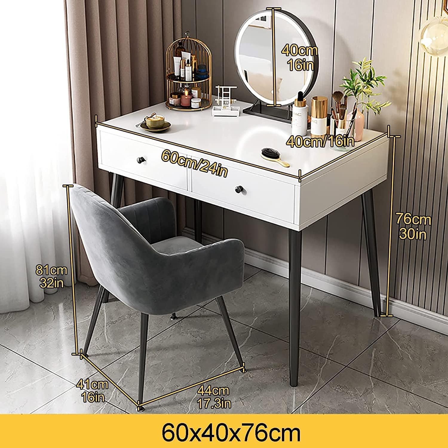 Vanity Desk Touch Screen Dimming Mirror Vanity Set 2 Drawers Dresser with Back Makeup Chair Writing Desk Home Dressing Table
