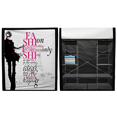 Ambesonne Eiffel Tower Portable Fabric Wardrobe, Woman in Paris in Autumn Inspirational Words Vogue Theme Art Print, Clothing Organizer and Storage Closet with Shelves, 59