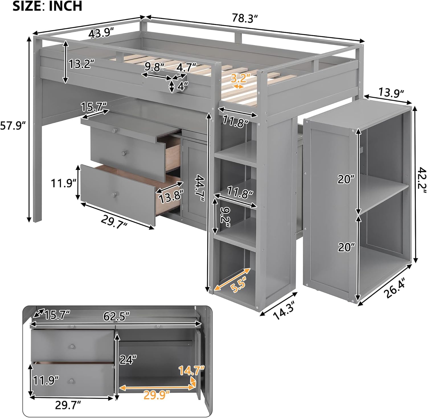 Twin Size Wooden Loft Bed with Rolling Cabinet and Desk for Kids Teens