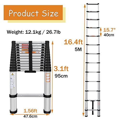 16.4ft Telescoping Ladder Aluminum Extension Loft Ladder EN131 Certificated 330lb Load Capacity with Safety Locking Mechanism Heavy Duty Straight Ladder for Home Office DIY Projects