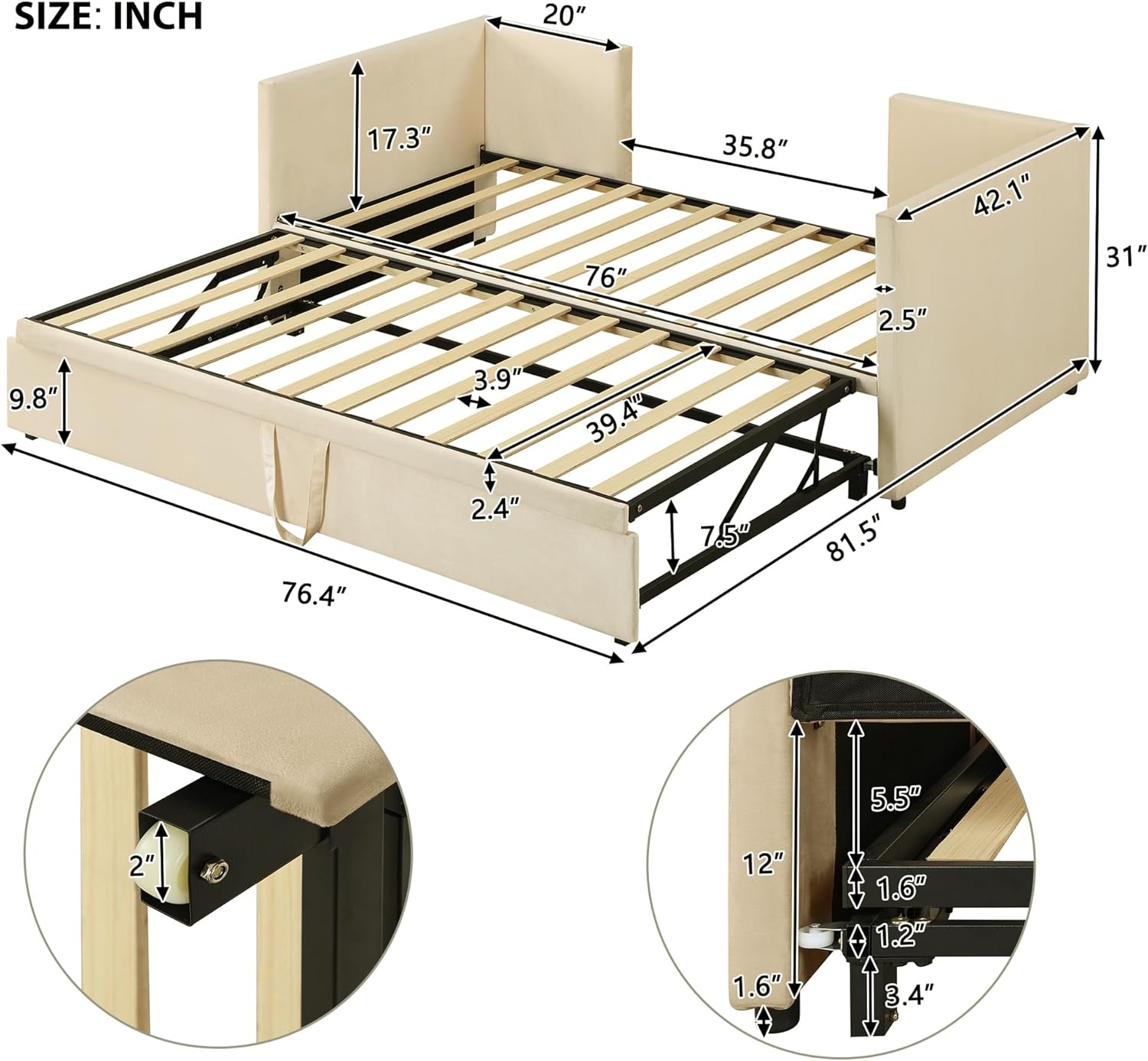 Twin Size Upholstered Velvet Tufted Sofa Bed Daybed w/Pop Up Trundle, Modern Day Bed with Backrest and 2 Armrests, No Box Spring Need and Easy to Assembly, for Boys and Girls Room, Apartment