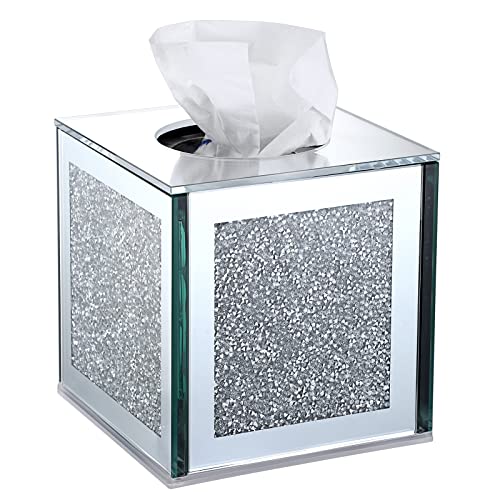 Sumnacon Crystal Square Tissue Box Cover - Sparkly Glass Cube Tissue Box Holder, Decorative Facial Tissue Holder for Bathroom Vanity Dresser Night Stand Table Countertop Office Home Decor, Silver
