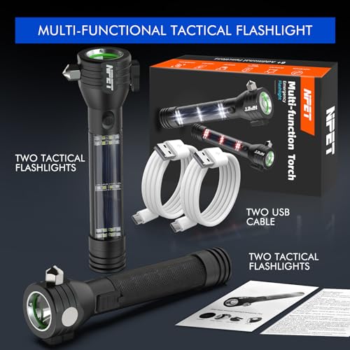 NPET T09 Solar Flashlight Car Flashlight 268 Lumens LED COB Light USB Rechargeable Tactical Multi-Function Torch Tool with Window Breaker Seat Belt Cutter Compass