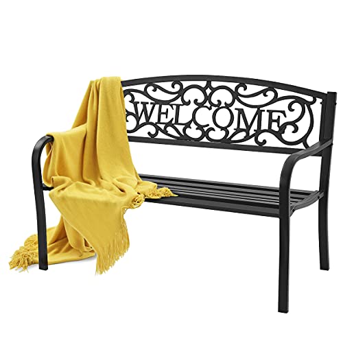 Tangkula Outdoor Steel Garden Bench Park Bench, 50 Inch Patio Welcome Bench with Slated Seat & Floral Design Backrest, Outdoor Bench with Iron Casted Pattern, Suitable for Patio Backyard Garden Park