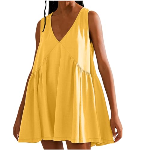 Womens Summer Sleeveless Mini Dress Casual Loose V Neck Sundress Trendy Pleated Dress Boho Beach Vacation Sun Dress