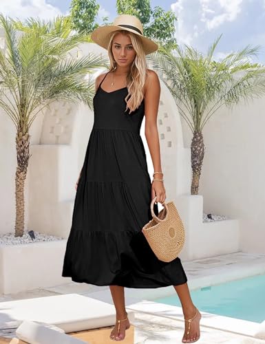 Halife Womens Flowy Tiered Maxi Dress Sleeveless Summer Sundresses Adjustable Straps Long Beach Sun Dresses with Pockets