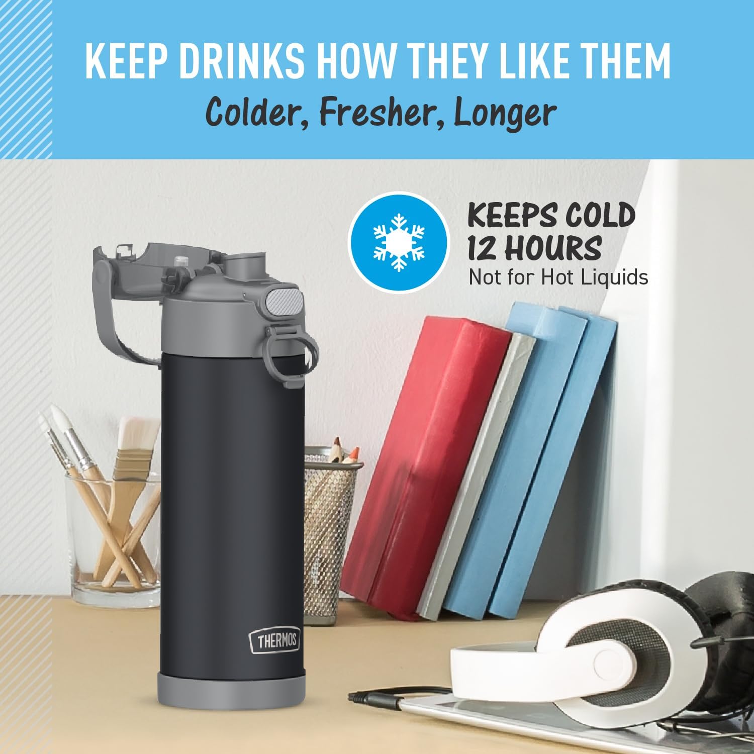 THERMOS FUNTAINER 16 Ounce Stainless Steel Vacuum Insulated Bottle with Wide Spout Lid, Matte Charcoal