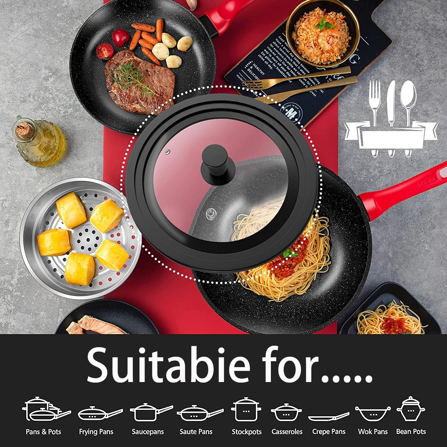 Universal Lid for Pots, Pans and Skillets - Tempered Glass with Heat Resistant Silicone Rim and Heat Resistant Handle Fits 10