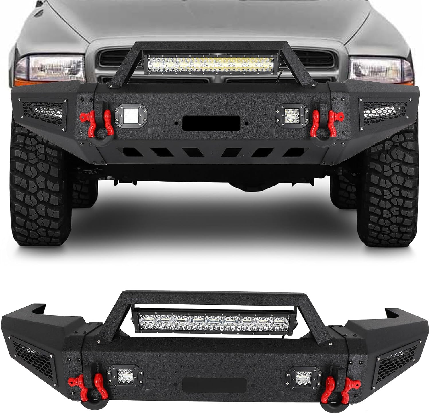 SCITOO Heavy Duty Steel Front Bumper Fit For 1997-2004 For Dodge Dakota Texture Black Bumper Winch Plate & With D-Ring LED Lights
