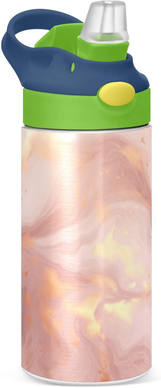 Small Water Bottle for Kid 12oz Pink Gold Marble Insulated Bottles with Straw Lid Stainless Steel Tumbler Vacuum Cup Thermal Bottles