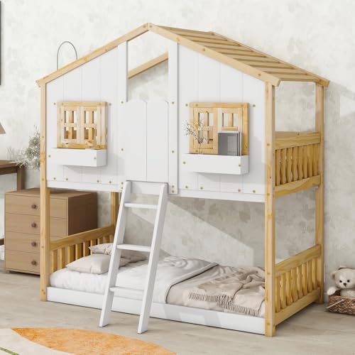 Twin Over Twin House Bunk Bed with Roof, Window, Window Box, Door, with Safety Guardrails and Ladder,White