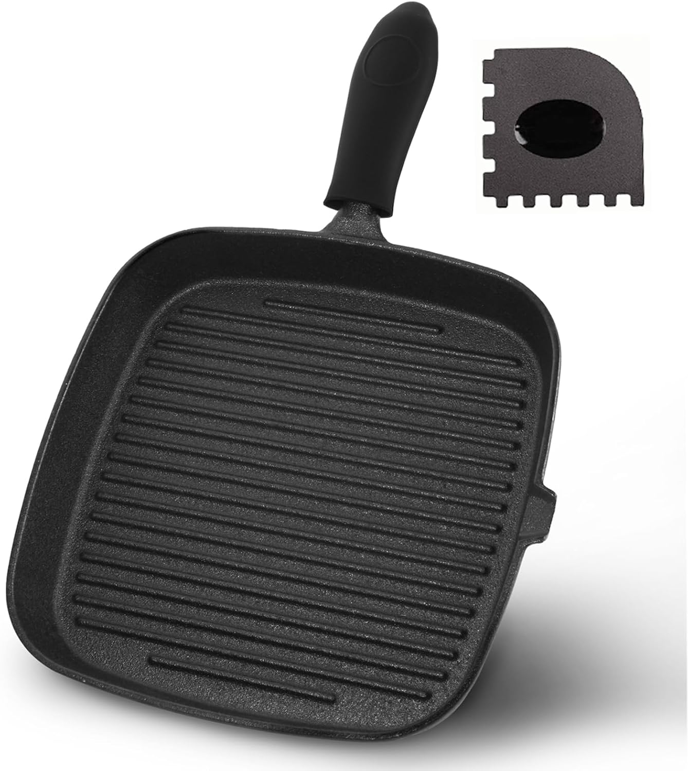 Square Cast Iron Grill Pan, with Silicone Handles+Pan Scraper Tool, Stove Top Grill Pan Perfect for Meats Steak Fish and Vegetables, 10 Inch Steak Pan -Black
