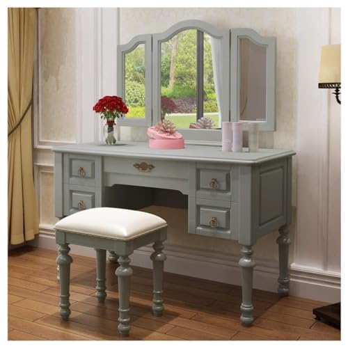 Vanity Table Dressing Table Bedroom Dresser Vanity Table Set Home Vintage Style Dressing Table Padded Stool Oval Mirror Drawers3Pc Set 47.2X21.6X29.5Inch BXF-31116