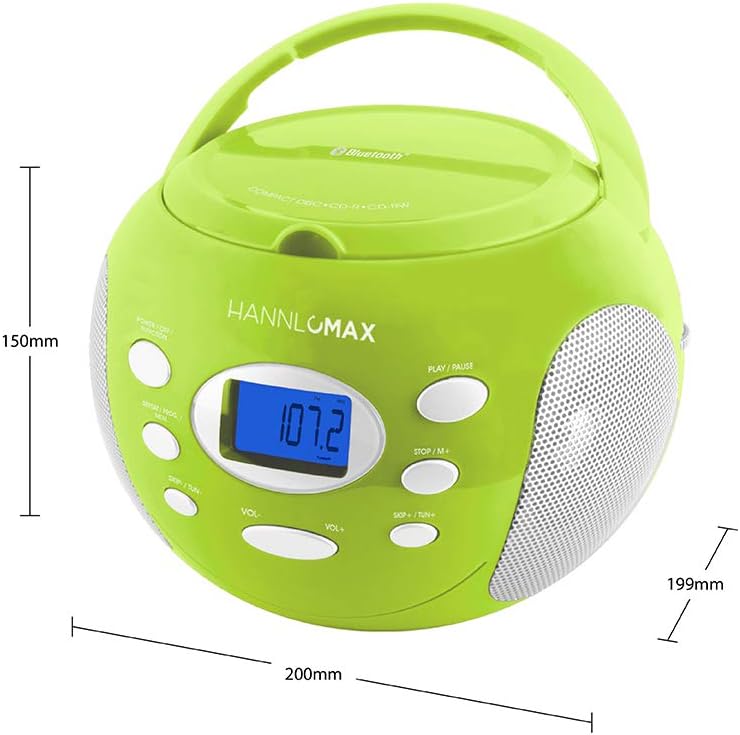 HANNLOMAX HX-305CD Portable CD Boombox, PLL FM Radio, Bluetooth, LCD Dislay with Backlight, Aux-in, AC/DC Dual Power Source (Green)