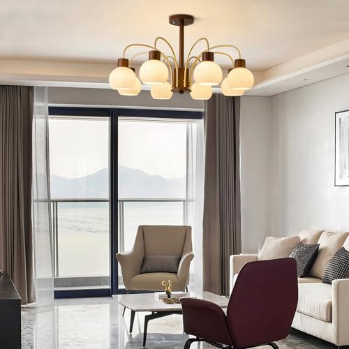 Mid Century Modern Globe Chandelier 6-Light Ribbed Milk Glass Chandelier Farmhouse Rustic Wood Chandelier White and Gold Pendant Light Dining Room Light Fixtures over Table