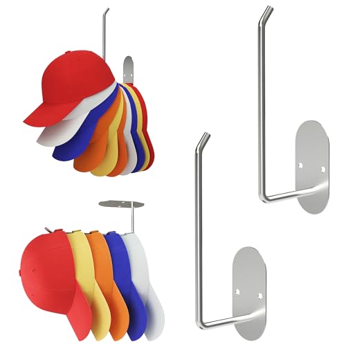 Hat organizer for baseball caps,stainless steel hat hooks Strong Adhesive/Wall Drilled install,space-saving hat rack for wall,door,closet organization and storage, 2-Pack Silver