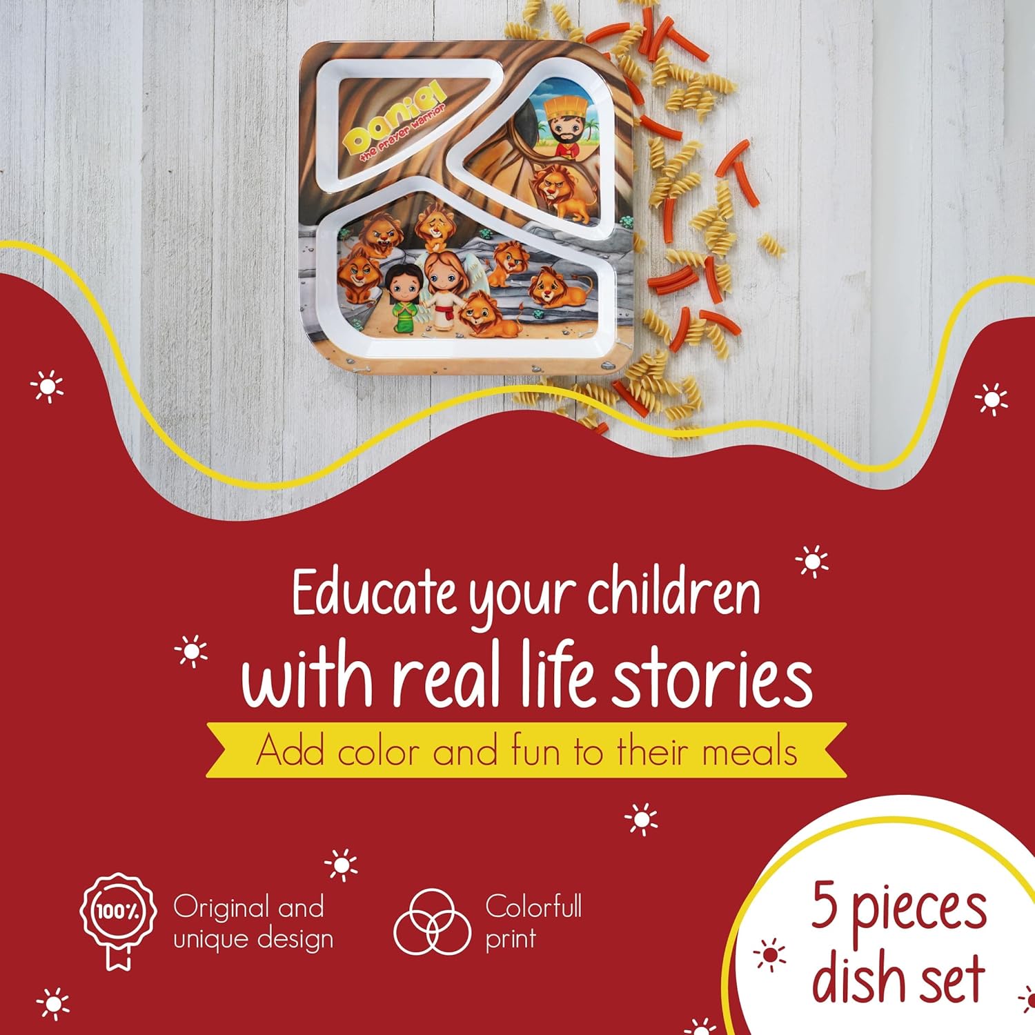 HE LOVES ME Christian Toddler plates and bowl set Daniel Includes Round Plate, Divided Plate, Bowl, Placemat and Cup- Baby and Toddler Dinnerware Feeding Essentials, 5 Pieces.