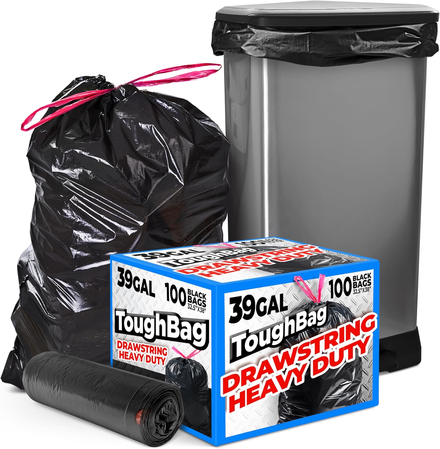 39 Gallon Trash Bags Heavy Duty Drawstring (100 Count) Lawn and Leaf Bags 39 Gallon, Large Black Trash Bags, Lawn Trash Bags, Garden Trash Bags for Outdoors