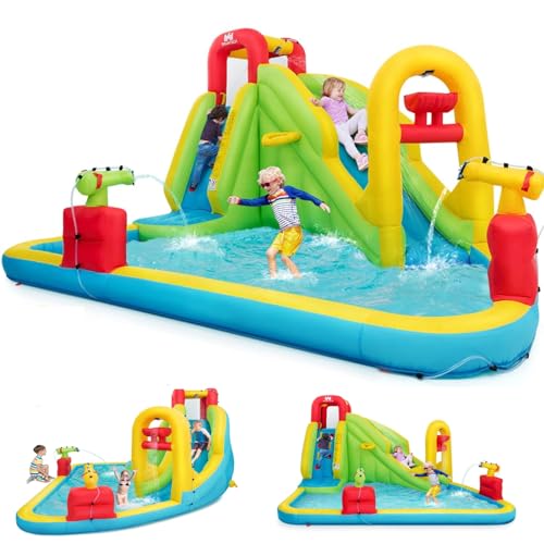 BOUNTECH Inflatable Water Slide, Mega Waterslide Park for Kids Backyard Family Fun with 480w Blower, Climbing, Water Basin, Blow up Water Slides Inflatables for Kids and Adults Outdoor Party Gifts