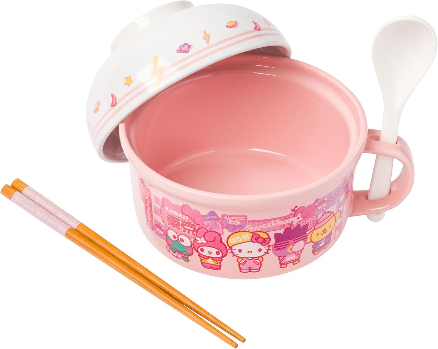 Silver Buffalo Sanrio Hello Kitty and Friends Featuring Keroppi, My Melody, Badtz-Maru, and Pompompurin Soup Mug and Bowl Lid with Spoon and Chopsticks, 13 Ounce Bowl Lid, 22 Ounce Soup Mug