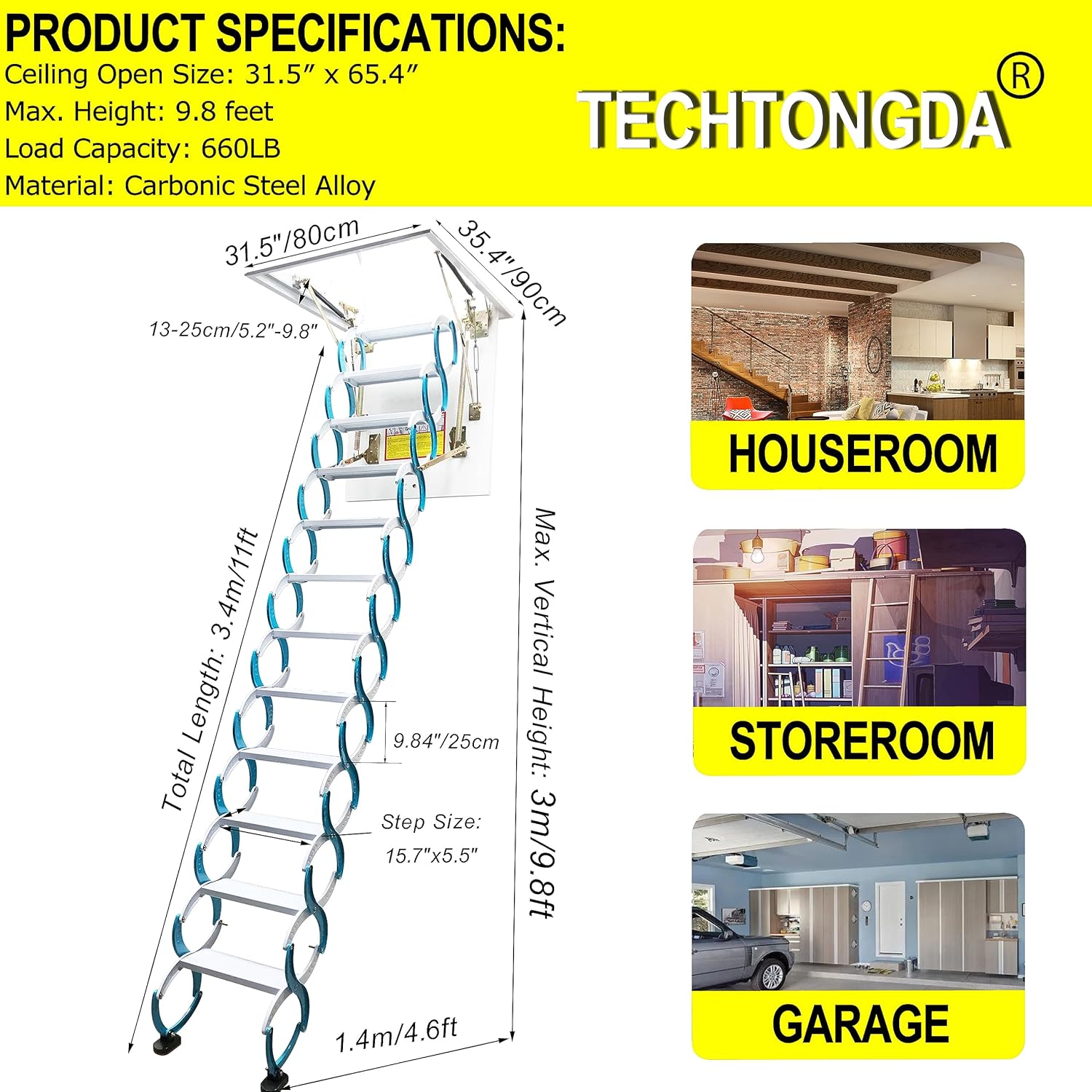 TECHTONGDA Attic Ladder 12 Steps Pull Down Attic Stairs, Folding Ladder Extension Loft Stair, Ceiling Mounted Retractable Loft Ladder, Carbon Steel Attic Access Ladder, 31.5 x 35.4 Inch, 9.8ft Height
