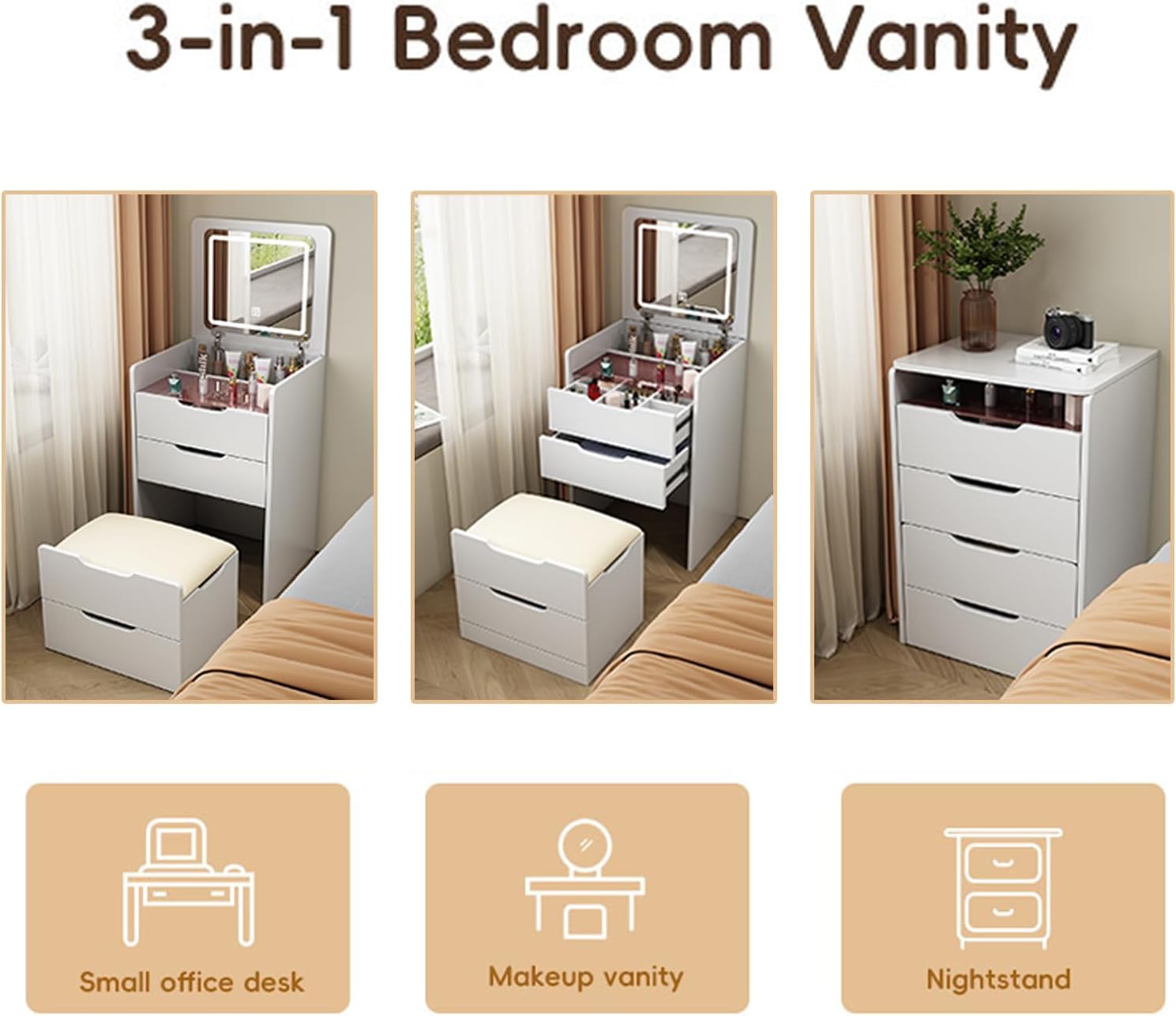 3 in 1 Vanity Desk with Plip Top Mirror, Small Multifunctional Makeup Vanity with 3 Drawers, Dressing Table for Bedroom with Soft Makeup Stool