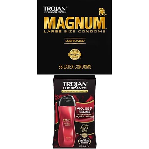 Bundle of TROJAN Magnum Lubricated Large Condoms, Comfortable and Smooth Lubricated Condoms for Men, America’s Number One Condom, 36 Count Pack + Trojan Arouses & Releases Personal Lubricant, 3 oz.