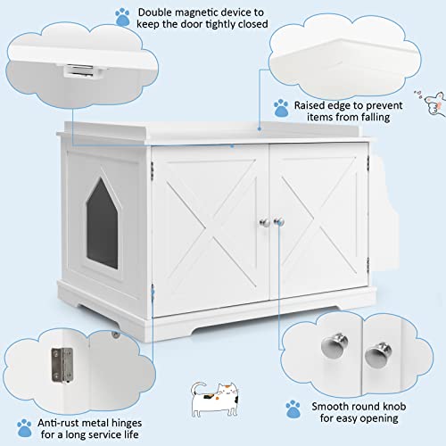 Tangkula Cat Litter Box Enclosure, Wooden Cat House Side Table w/Removable Divider, Reversible Entrance, Magazine Rack, Large Nightstand Pet House, Hidden Cat Washroom, Litter Box Furniture (White)