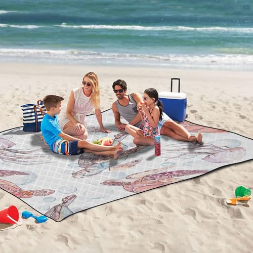 Turtle Jellyfish Extra Large Picnic Outdoor Blanket, Foldable Beach Blanket Waterproof Sandproof Camping Mat for Family Travel Park Wet Grass Hiking Yoga, 60 x 80 Inch