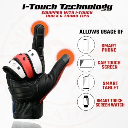 Milwaukee Leather MG7527 Men's Black Leather i-Touch Screen Compatible Motorcycle Hand Gloves w/Stars and Stripes