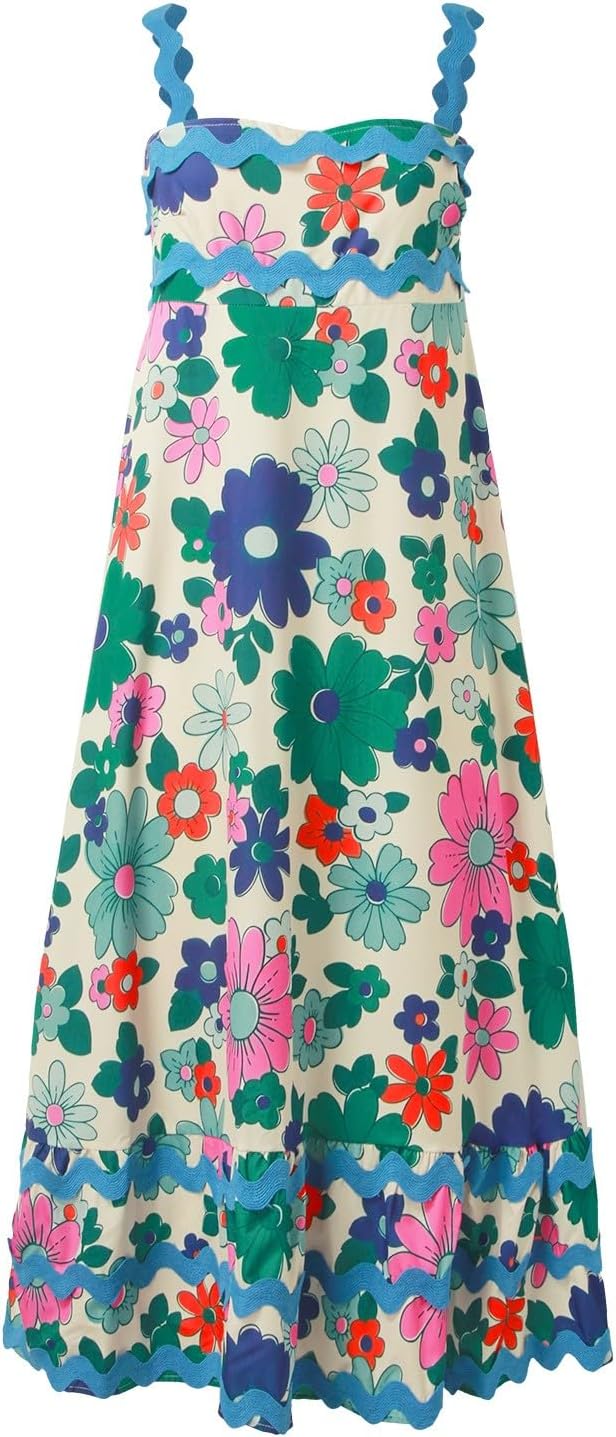Summer Dresses for Women 2024 Spaghetti Strap Maxi Dress A Line Swing Long Cami Dress Floral Boho Beach Vacation Sundress