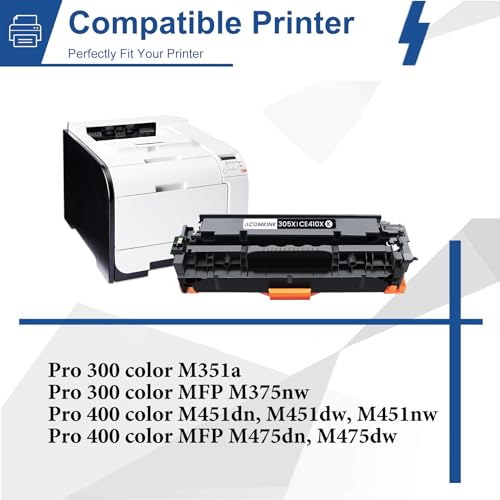 305A 305X Toner Cartridge 4 Pack Replacement for HP 305A 305X Black Cyan Magenta Yellow Pro 300 M351, MFP M375 Series; Pro 400 M451, MFP M475 Series | CE410X CE411A CE412A CE413A