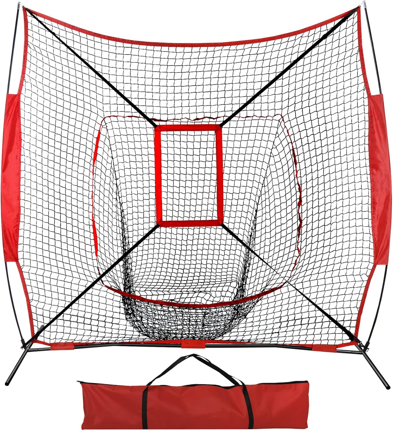 7' x 7' Baseball Softball Practice Hitting & Pitching Practice Net Batting Pitching Training Aid Net w/Carry Bag, Strike Zone and Metal Bow Frame, Baseball Equipment Training Aids for All Skill Levels