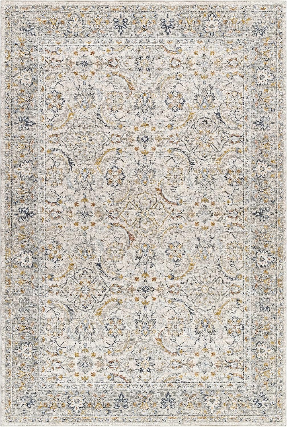 Hauteloom Jeven Living Room, Bedroom Area Rug - Traditional Vintage Farmhouse Carpet - Bordered Oriental - Gray, Cream, Orange - 5' x 7'5