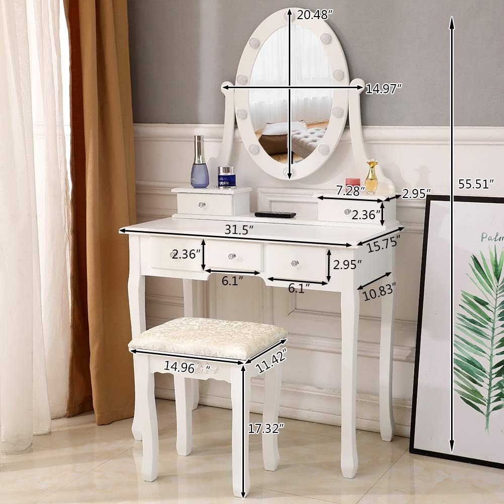 Makeup Vanity Set with 10 Dimmable LED Bulbs, Dressing Table with 360° Rotating Lighted Mirror and Cushioned Stool, White