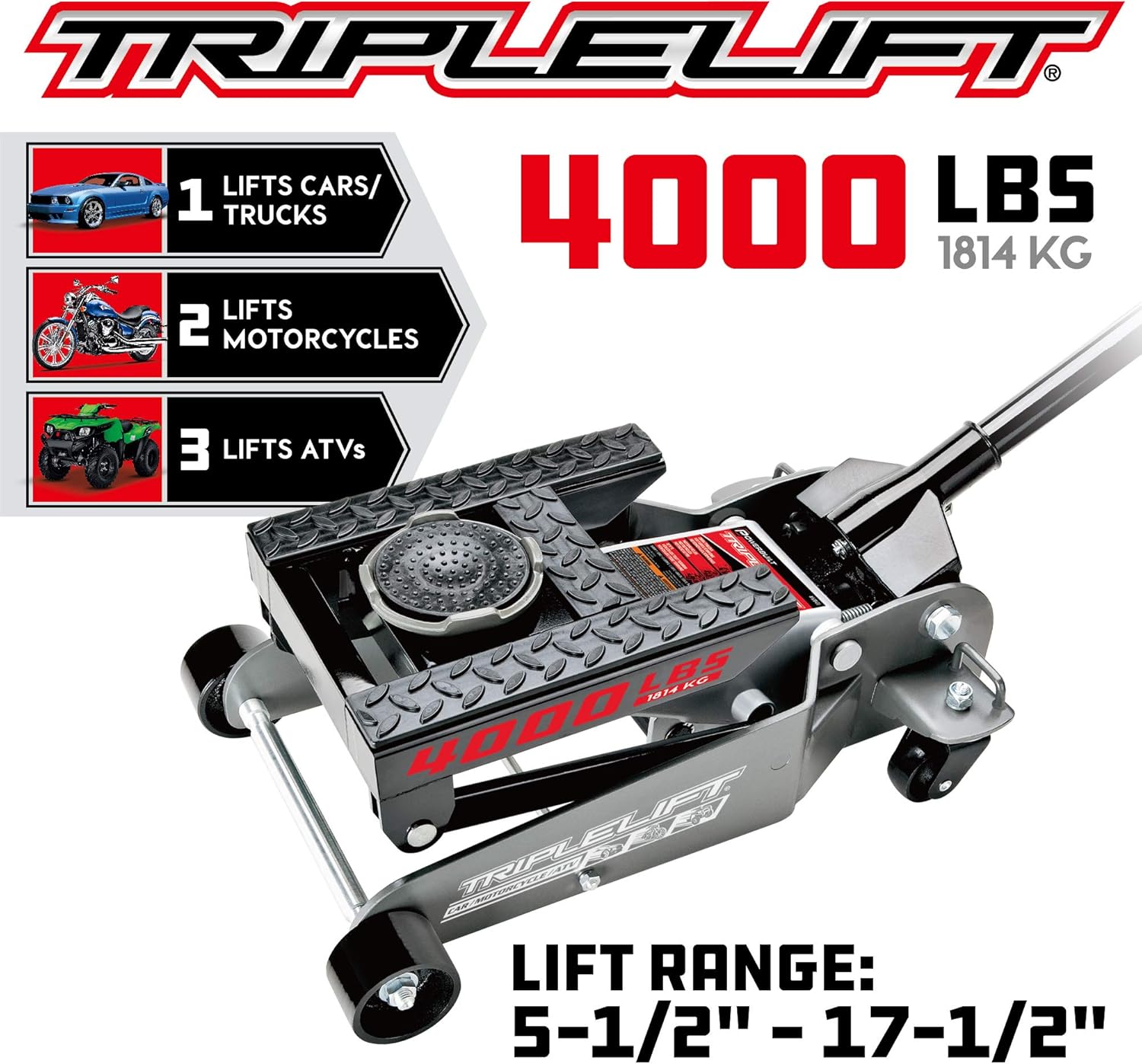 Powerbuilt 2 Ton Triple Lift Floor Jack, Lifts Cars, Trucks, Motorcycles, ATV's, Transmissions, Tie-Down Loops, Locking Safety Bar - 620422E, Silver