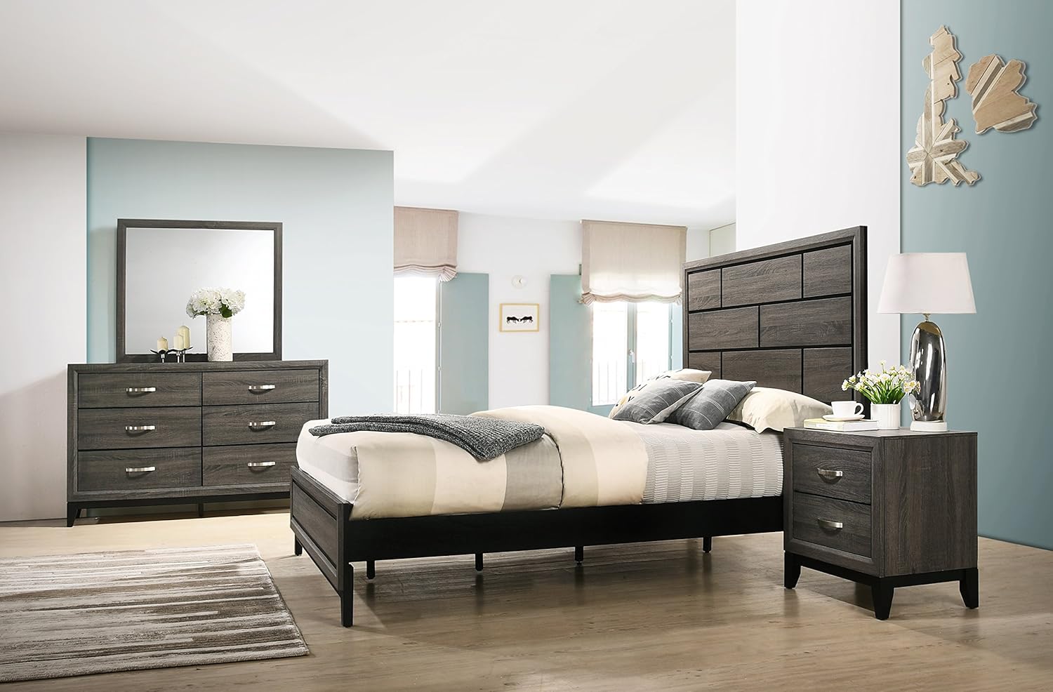 Roundhill Furniture Stout Panel Queen Size Bedroom Set with Bed, Dresser, Mirror, 2 Night Stands, Grey