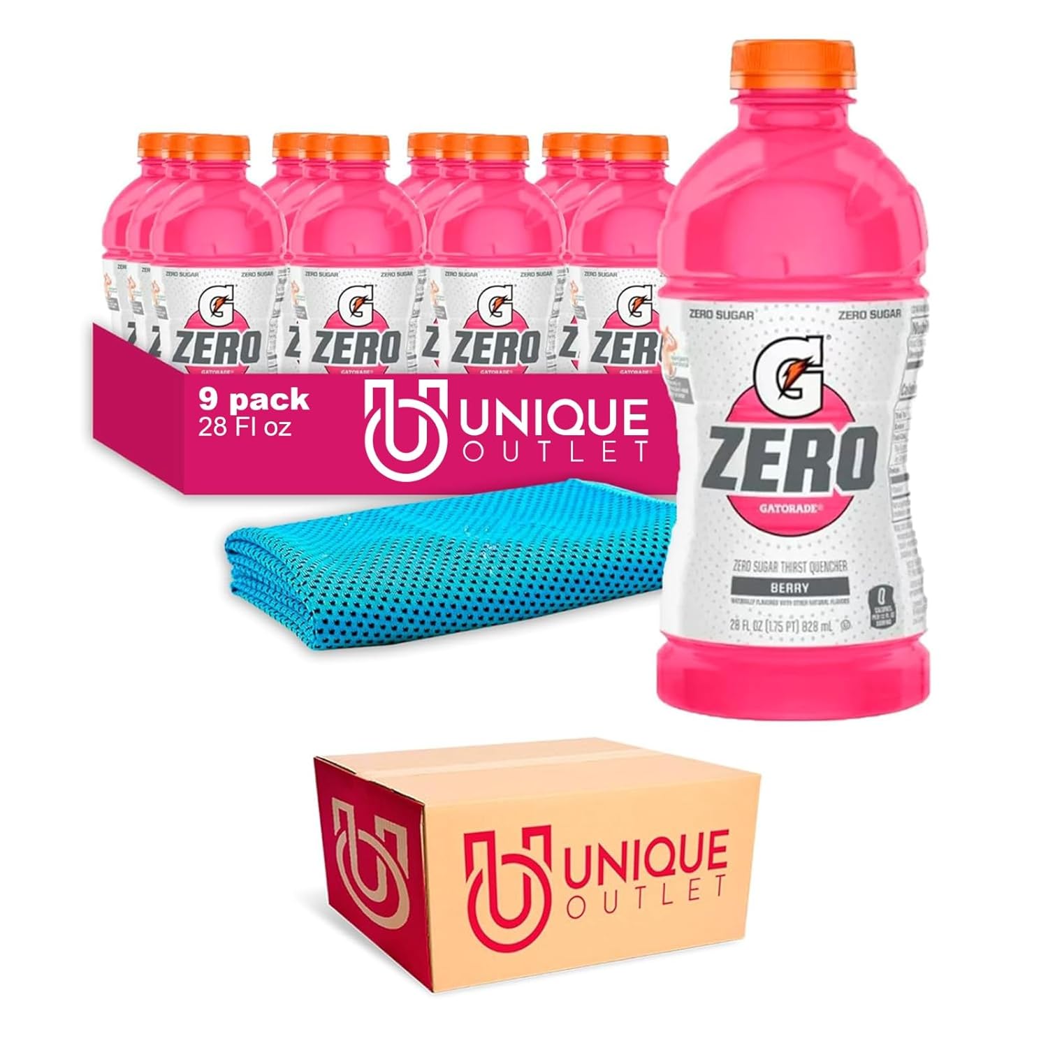 Gatorade Zero 9-Pack of Berry Thirst Quencher Electrolyte Enhanced Sports Drink 28 fl oz Plastic Bottle + 1 Microfiber Cooling Towel by Unique Outlet Brand