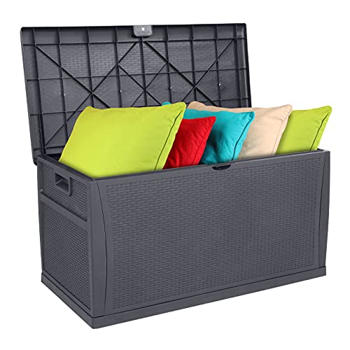 VINGLI 120 Gallon Large Deck Box Outdoor Storage Box with Lid, Plastic Patio Furniture Container Bin Rattan Grain Surface for Cushions Books Garden Tools Pool Accessories (Grey)