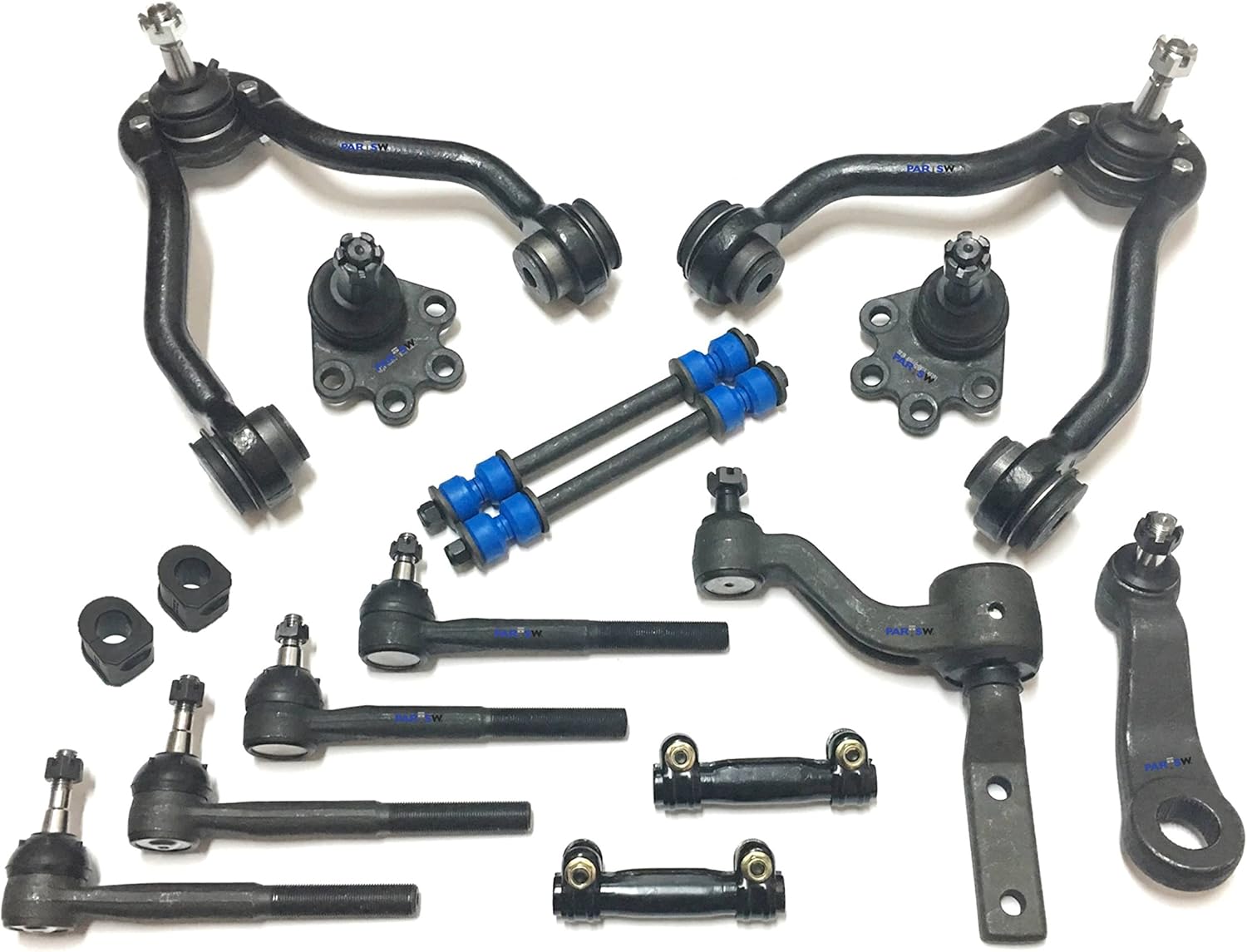 PartsW -16 Pc Complete Suspension Kit Adjusting Sleeves, Tie Rod Ends, Lower Ball Joints (Bolt On Types), Idler & Pitman Arms, Sway Bar End Links, Upper Control Arms