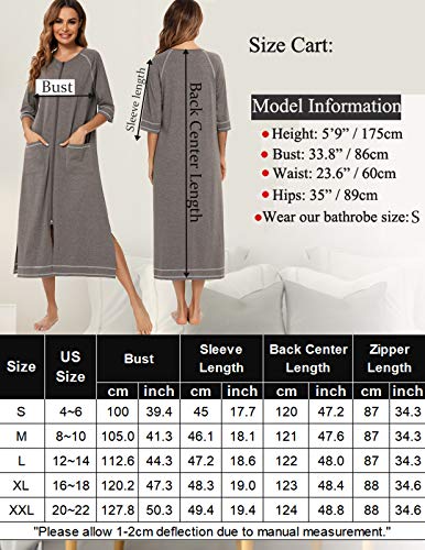 Veseacky Women Robe Zipper Front House Coat 3/4 Sleeve Nightgown Full Length Ladies Lounge Dress with Pockets S-XXL