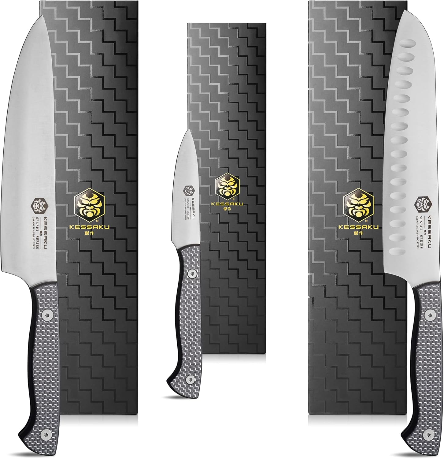 8-Inch Chef, 8-Inch Santoku, 3.5-Inch Paring - Senshi Series Knife Set - Forged High Carbon Japanese AUS-8 Stainless Steel - Carbon Fiber G10 Handle with Blade Guards