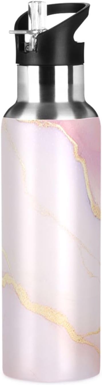 ZOEO Pink Marble Water Bottles Insulated Thermos Kids Stainless Steel Bottle with Straw Lid Flask Leakproof for Sports Gym 20 oz