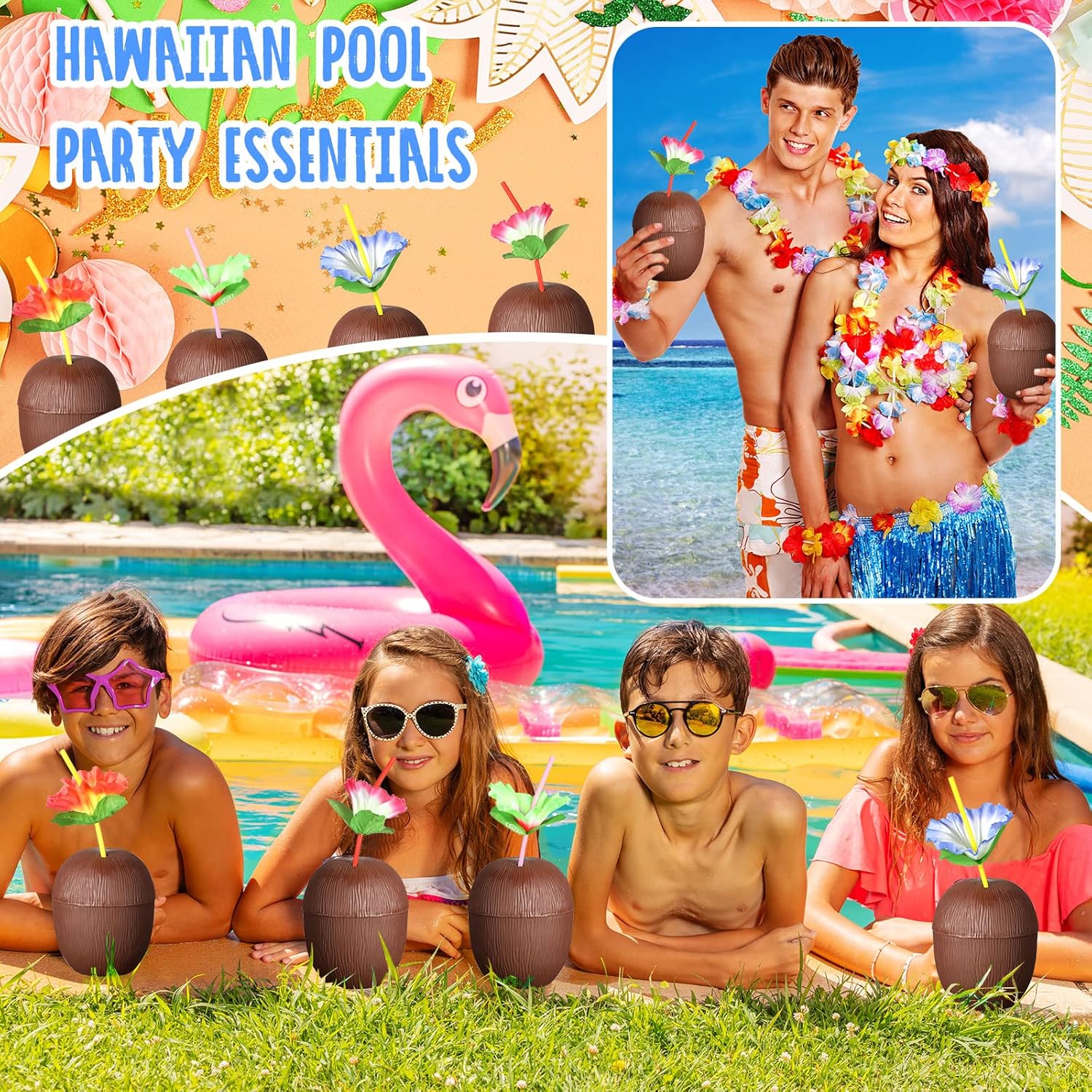 Qunclay 100 Pieces Coconut Cups with 100 Hibiscus Flower Straws Plastic Hawaii Party Cups for Hawaiian Luau Beach Theme Party Drink Decorations(80 Pieces)