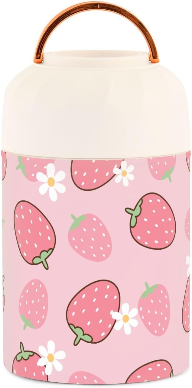 Thermos For Hot Food Stainless Steel Vacuum Insulated Food Jar with Folding Spoon & Cup, Lunch Container for Kids - 17 Oz, Strawberry Pink