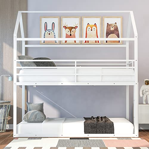 JINS&VICO Twin Over Twin House Bunk Bed with Built-in Ladder, Metal Floor Bunk Bed Frame for Teens Girls Boys, No Box Spring Needed, Black 78.11