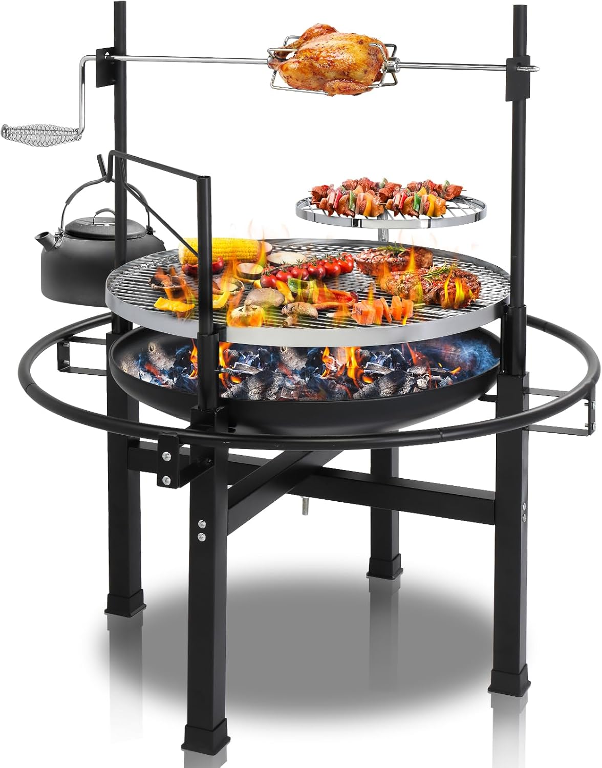 VINGLI 33 Inch Outdoor Fire Pit with 2 Grill, Wood Burning Fire Pit with Swivel Cooking Grate， Outdoor Fire Pit with Removable Swivel Grill for Backyard Patio Outside Picnic BBQ