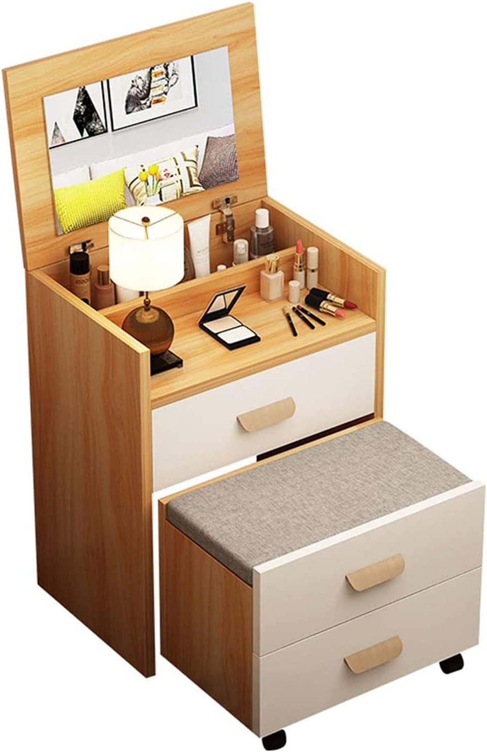 Dressing Table Set with Flip Top Mirror and Cushioned Stool Folding Mini Makeup Vanity Table Bedside Table Writing Desk with Storage Grids for Bedroom Furniture