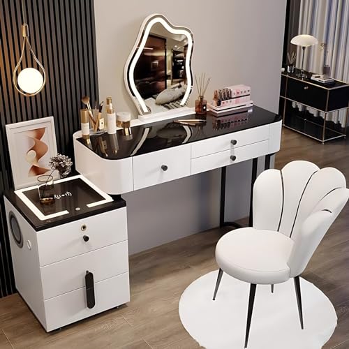 Vanity Desk - Luxury Makeup Vanity with Fingerprint Unlocking & Makeup Chair, Bedroom Dressing Table with Smart LED Mirror and 6 Drawers (White Golden,31.5'')