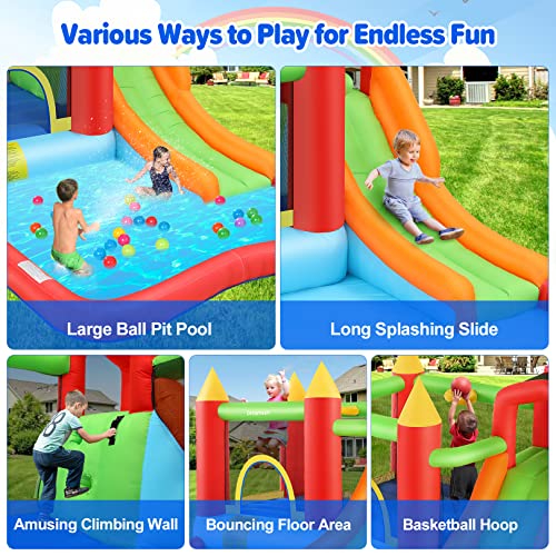 Bounce House with Ball Pit, Inflatable Bouncy House for Kids All in One Jumping Castle, Wide Slide, Ball Pool, Basketball Hoop, Dart Target, Blower Included for Indoor Outdoor Backyard Party